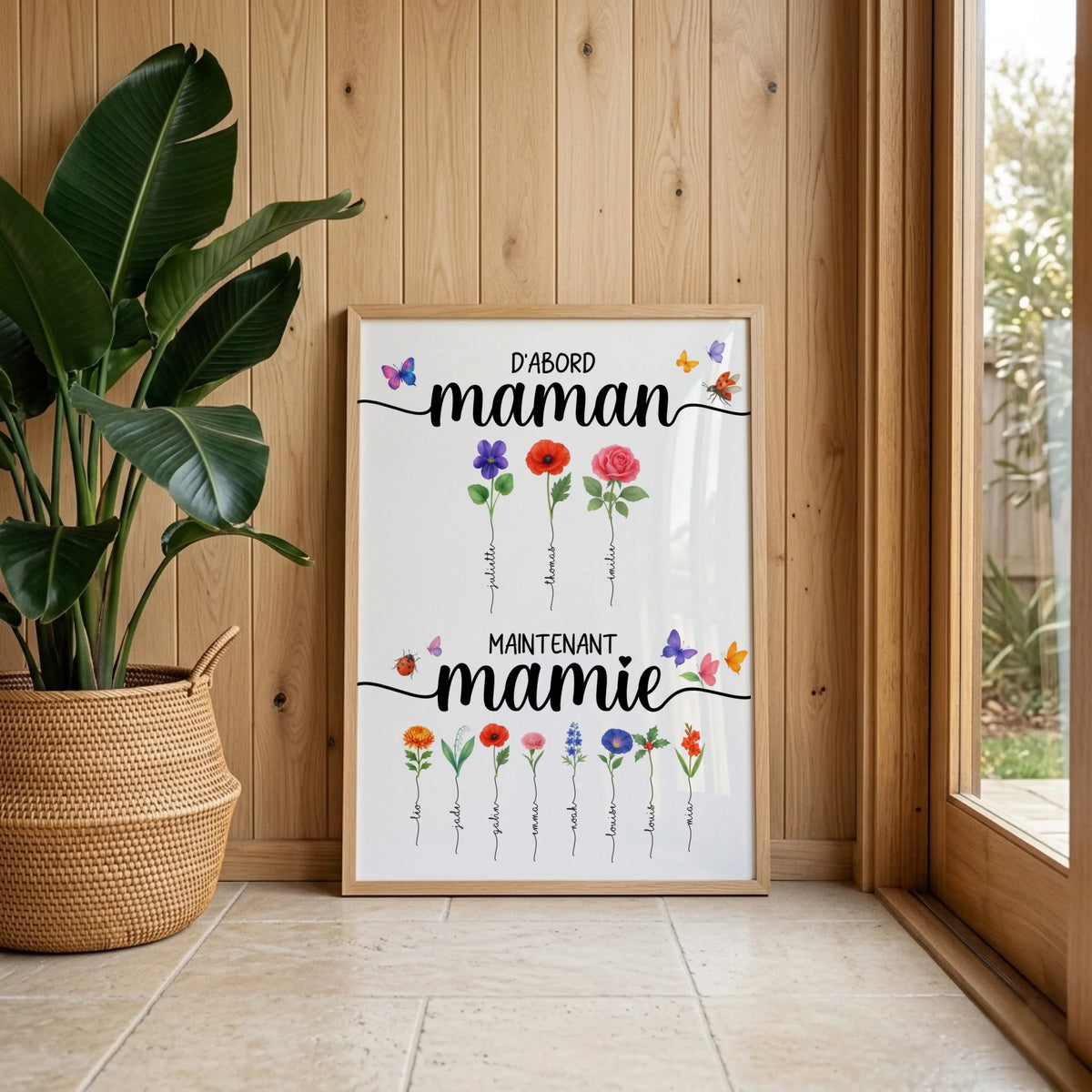 Affiche D'abord maman, maintenant mamie avec Fleurs de Naissance. Cadeau Mamie