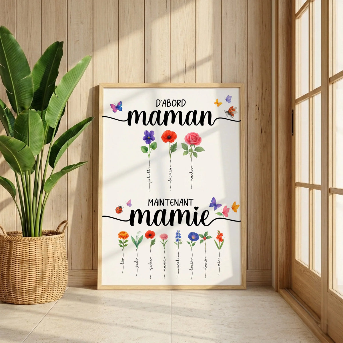 Affiche D'abord maman, maintenant mamie avec Fleurs de Naissance. Cadeau Mamie