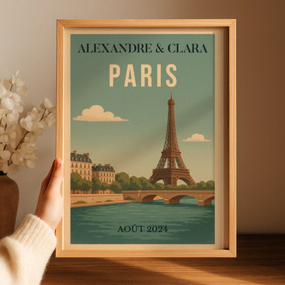 Affiche vintage personnalisée Paris – Tour Eiffel & Pont sur la Seine
