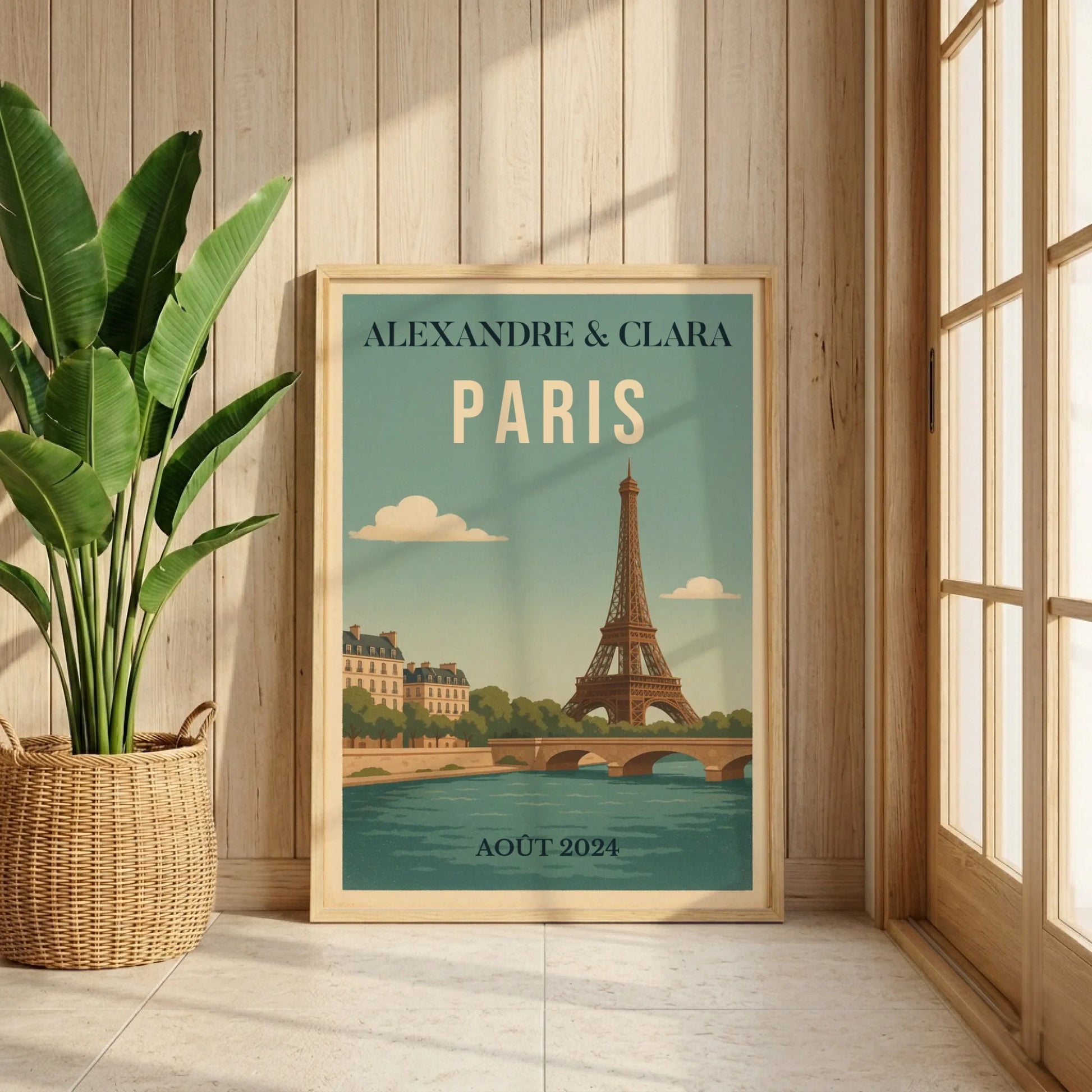 Affiche vintage personnalisée Paris – Tour Eiffel & Pont sur la Seine