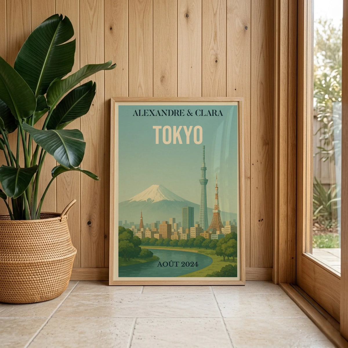 Affiche Voyage couple Tokyo vintage – Mont Fuji & skyline – déco murale personnalisable