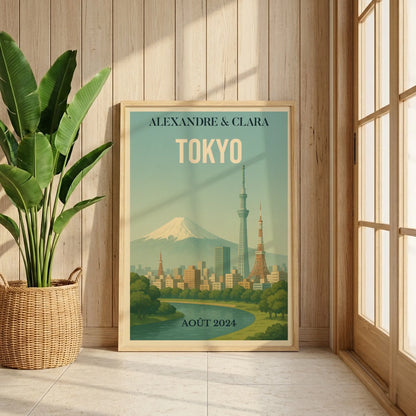 Affiche Voyage couple Tokyo vintage – Mont Fuji & skyline – déco murale personnalisable