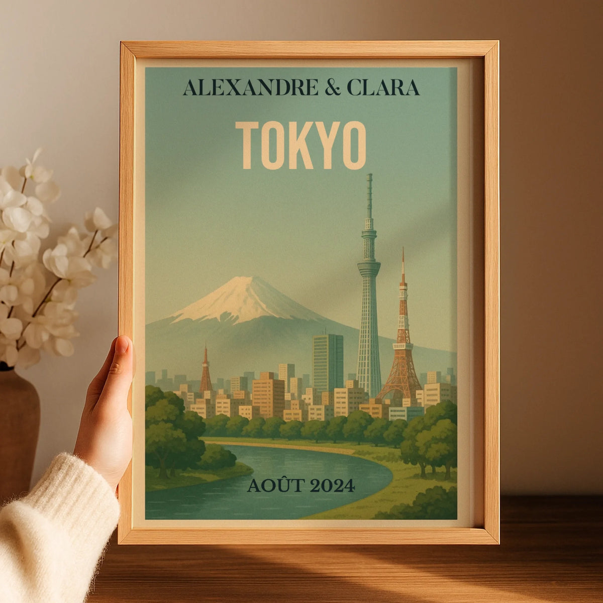 Affiche Voyage couple Tokyo vintage – Mont Fuji & skyline – déco murale personnalisable