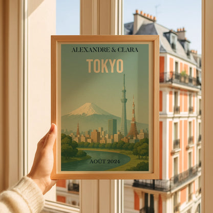 Affiche Voyage couple Tokyo vintage – Mont Fuji & skyline – déco murale personnalisable
