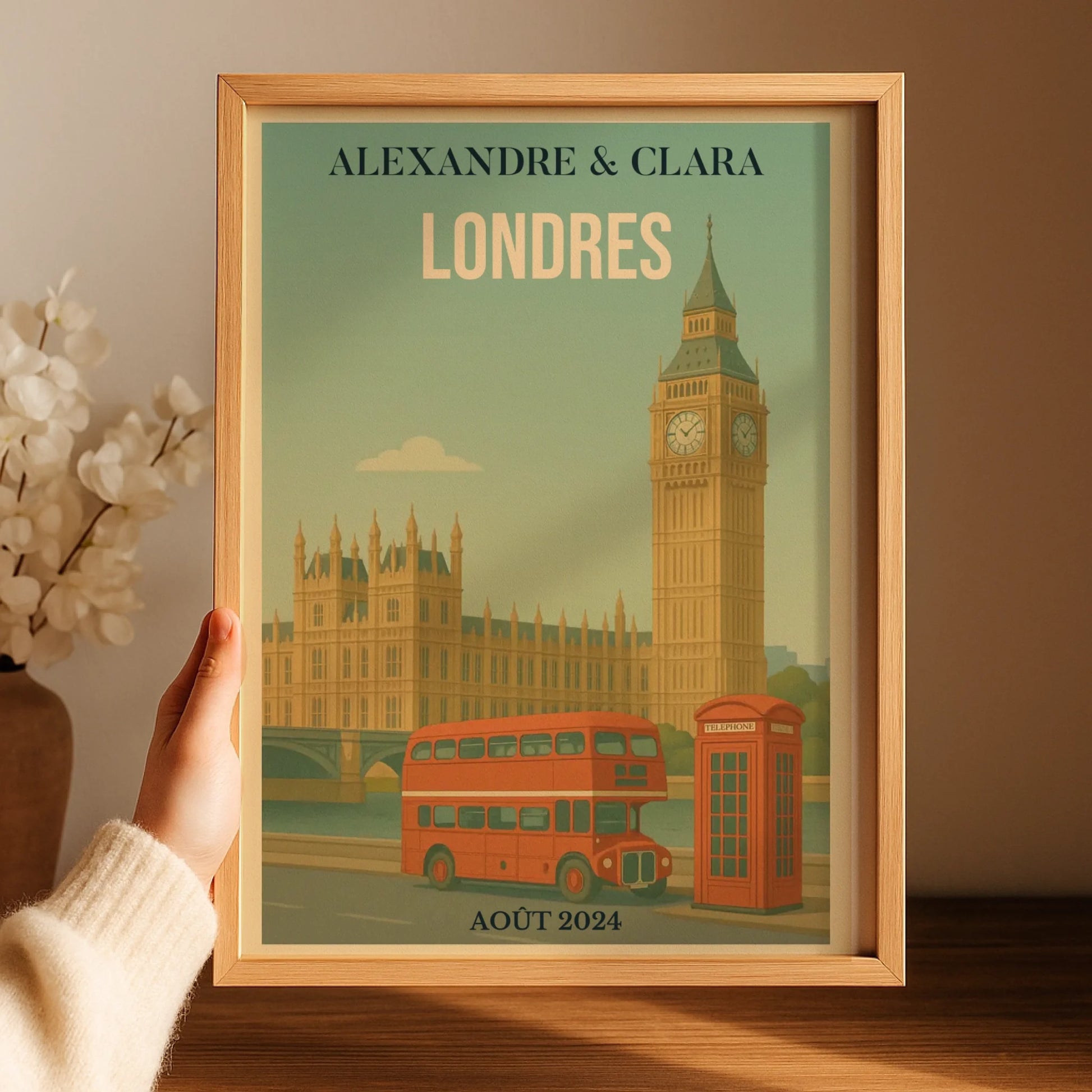 Affiche voyage couple Londres personnalisée – Big Ben & bus rouge vintage