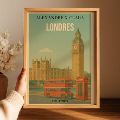 Affiche voyage couple Londres personnalisée – Big Ben & bus rouge vintage