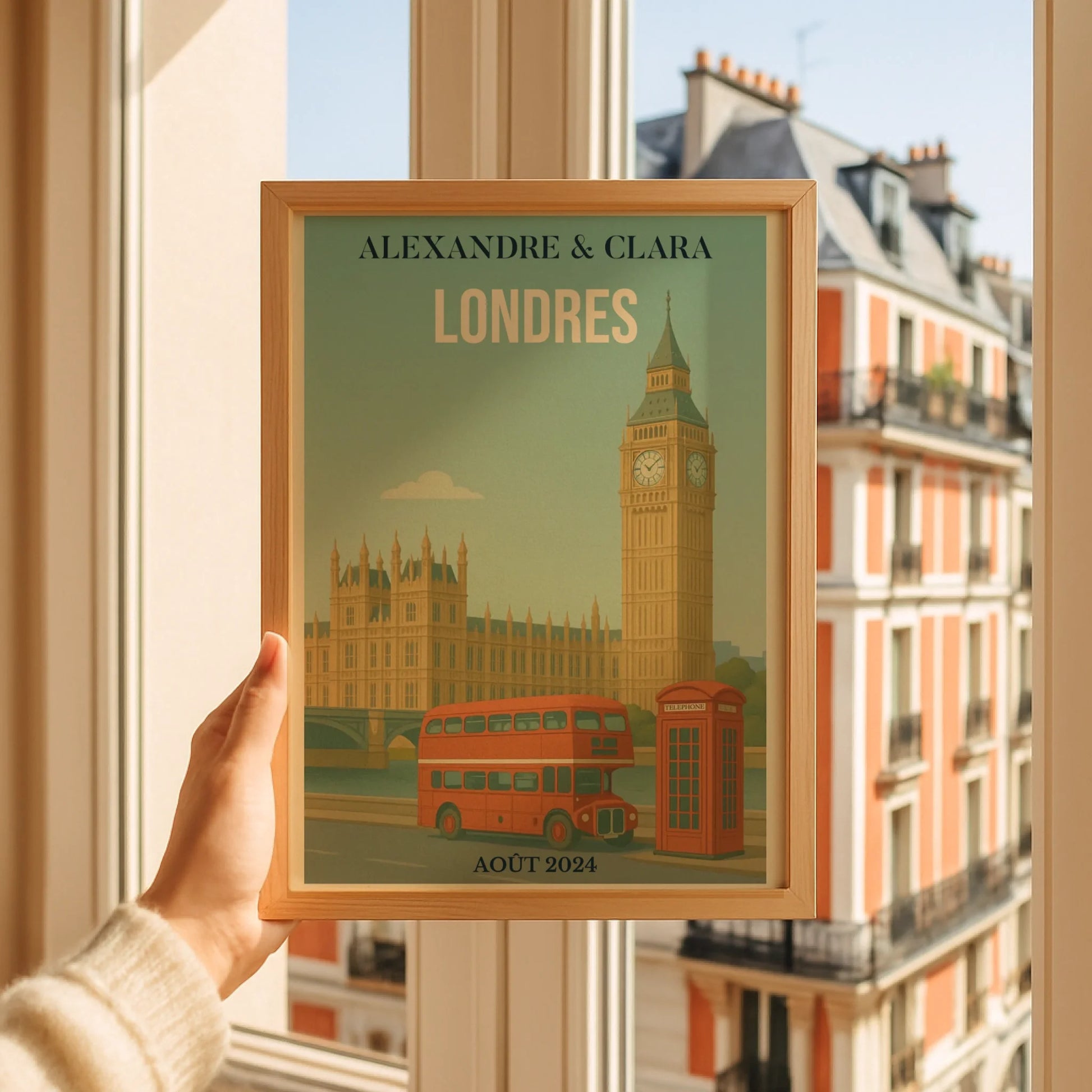 Affiche voyage couple Londres personnalisée – Big Ben & bus rouge vintage