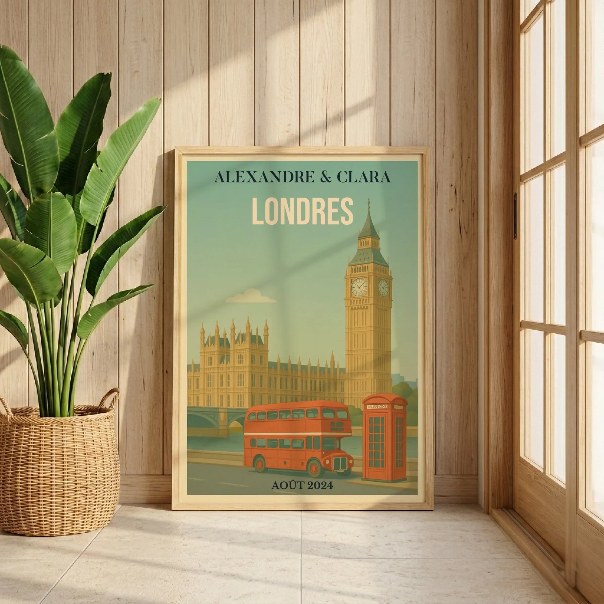 Affiche voyage couple Londres personnalisée – Big Ben & bus rouge vintage
