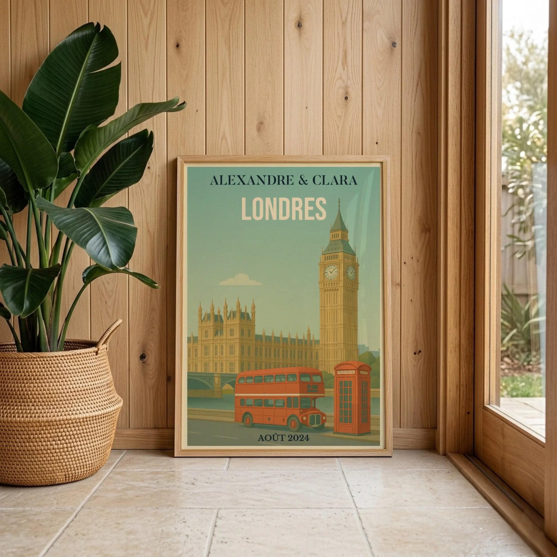 Affiche voyage couple Londres personnalisée – Big Ben & bus rouge vintage