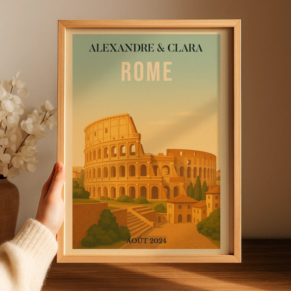 Affiche voyage couple Rome personnalisée – Colisée & paysage italien vintage