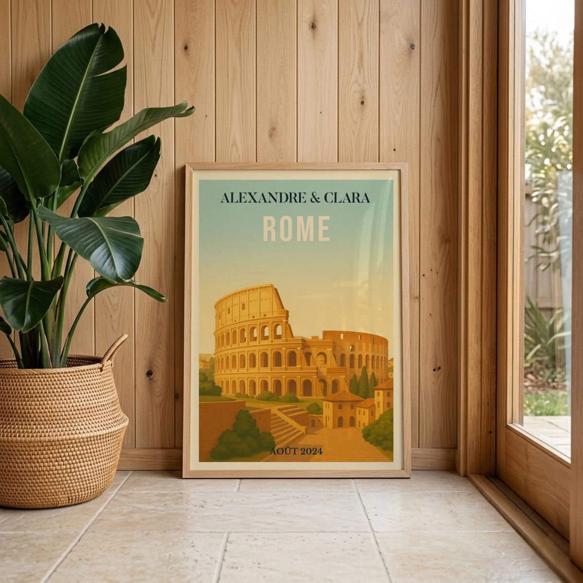 Affiche voyage couple Rome personnalisée – Colisée & paysage italien vintage