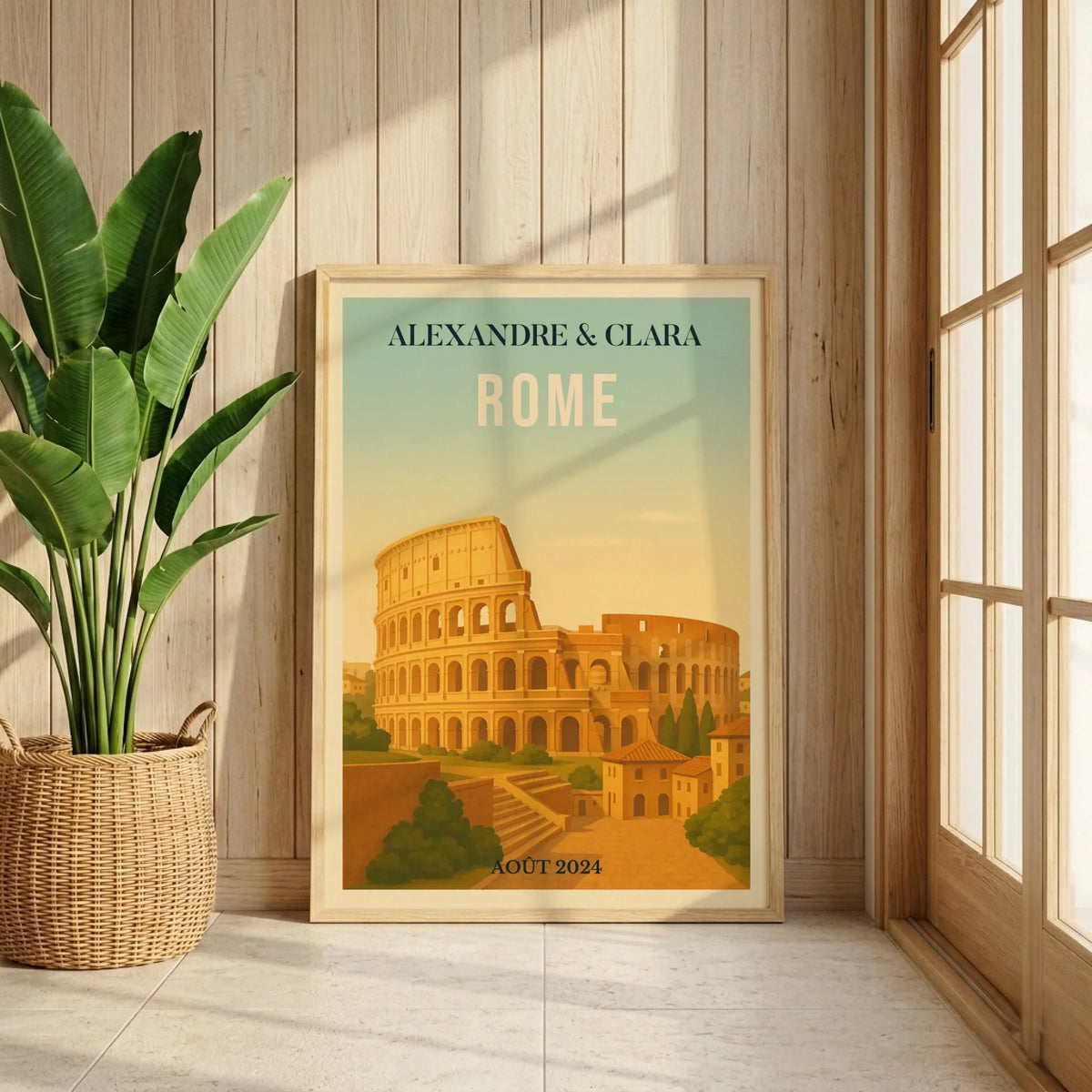Affiche voyage couple Rome personnalisée – Colisée & paysage italien vintage