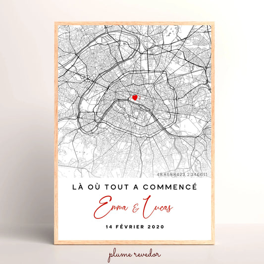Affiche Couple Personnalisée Lieu de Rencontre - Carte "Là où tout a commencé"