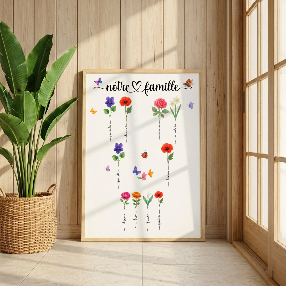 Affiche famille personnalisée avec fleurs de naissance – arbre généalogique