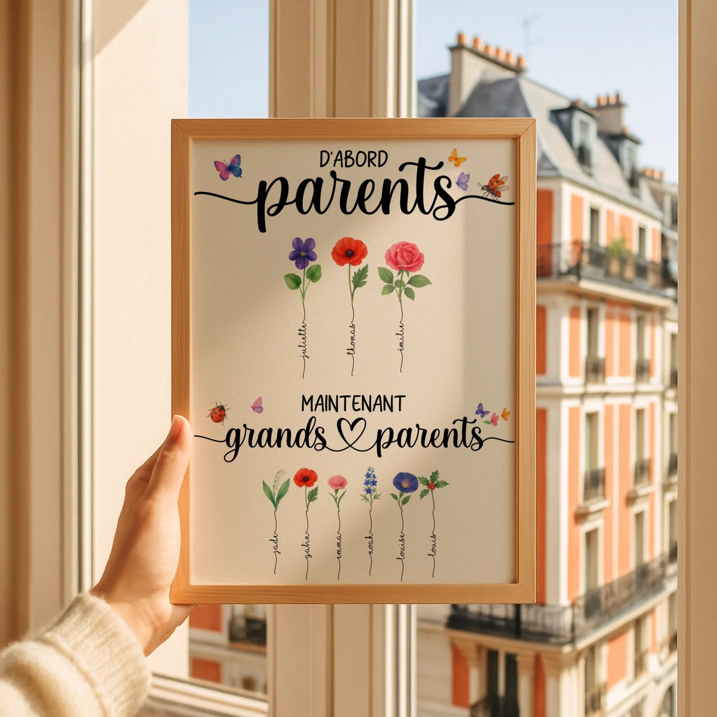 Affiche personnalisée “Parents & Grands-Parents” – Fleurs de naissance avec prénoms – Cadeau grands-parents