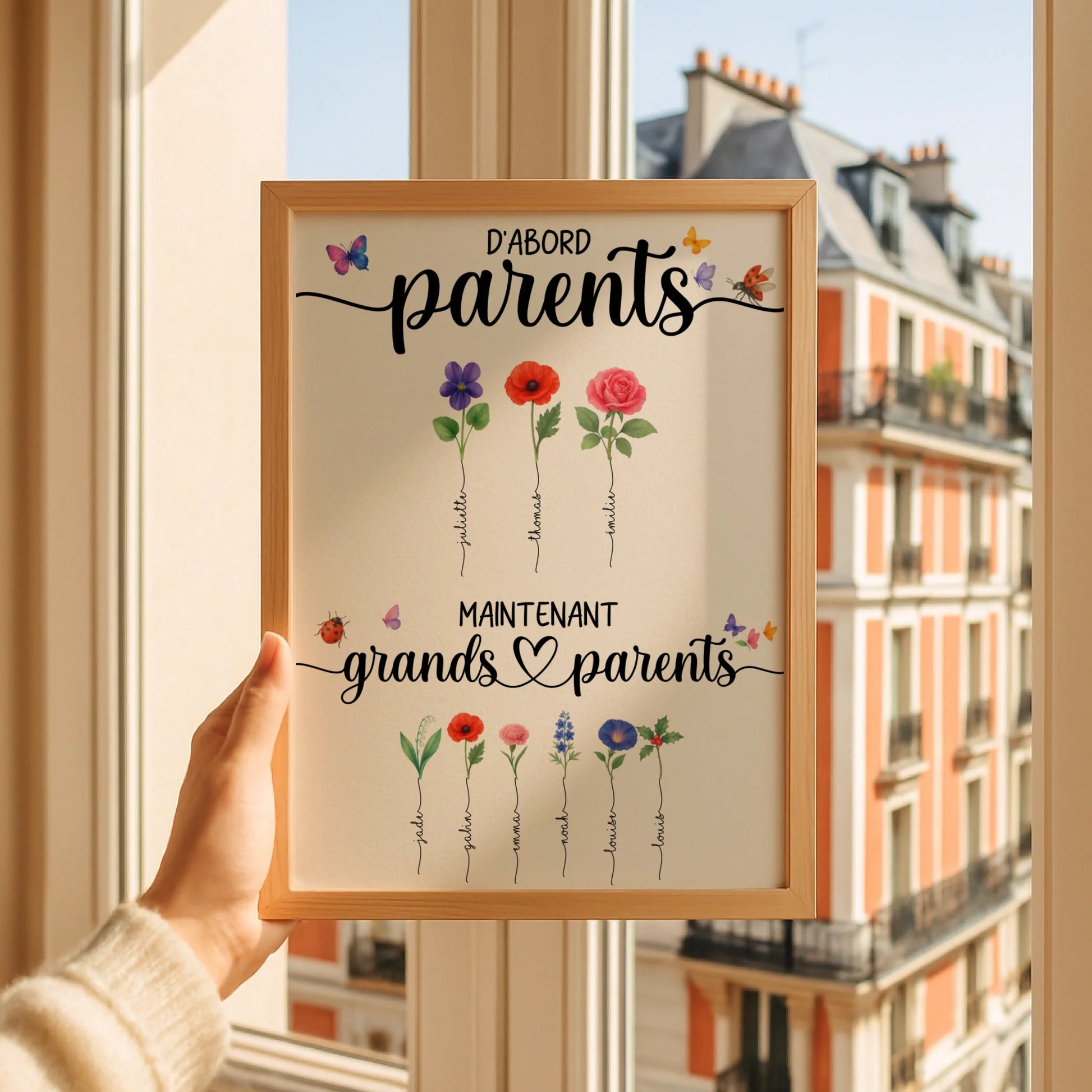 Affiche personnalisée “Parents & Grands-Parents” – Fleurs de naissance avec prénoms – Cadeau grands-parents
