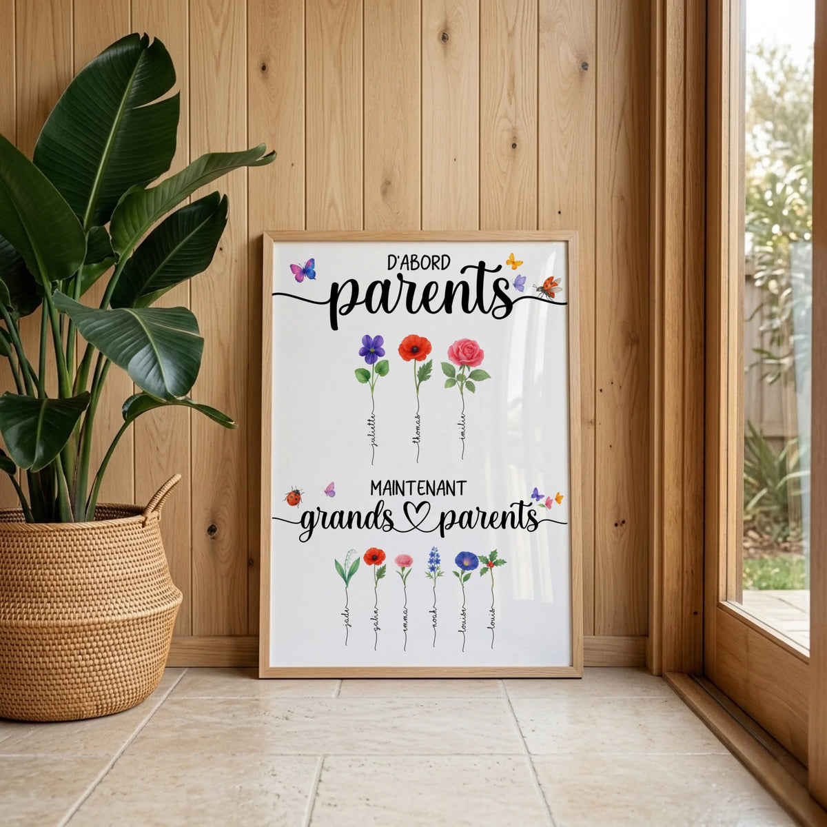 Affiche personnalisée “Parents & Grands-Parents” – Fleurs de naissance avec prénoms – Cadeau grands-parents