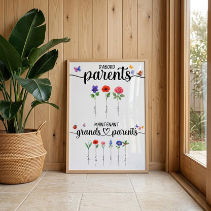 Affiche personnalisée “Parents & Grands-Parents” – Fleurs de naissance avec prénoms – Cadeau grands-parents