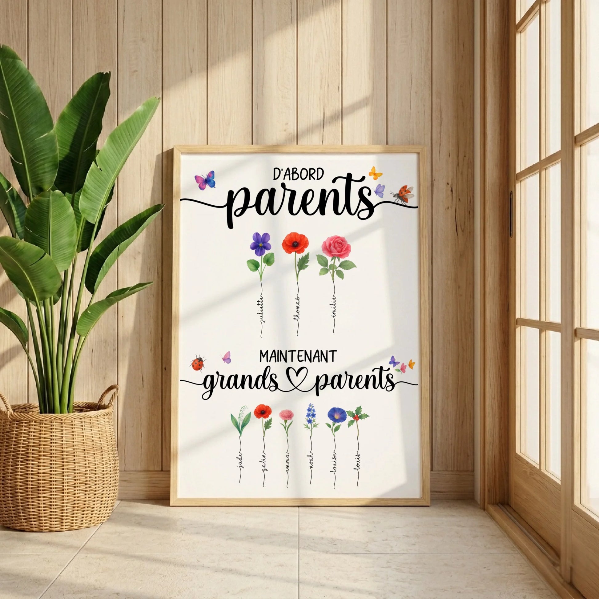Affiche personnalisée “Parents & Grands-Parents” – Fleurs de naissance avec prénoms – Cadeau grands-parents