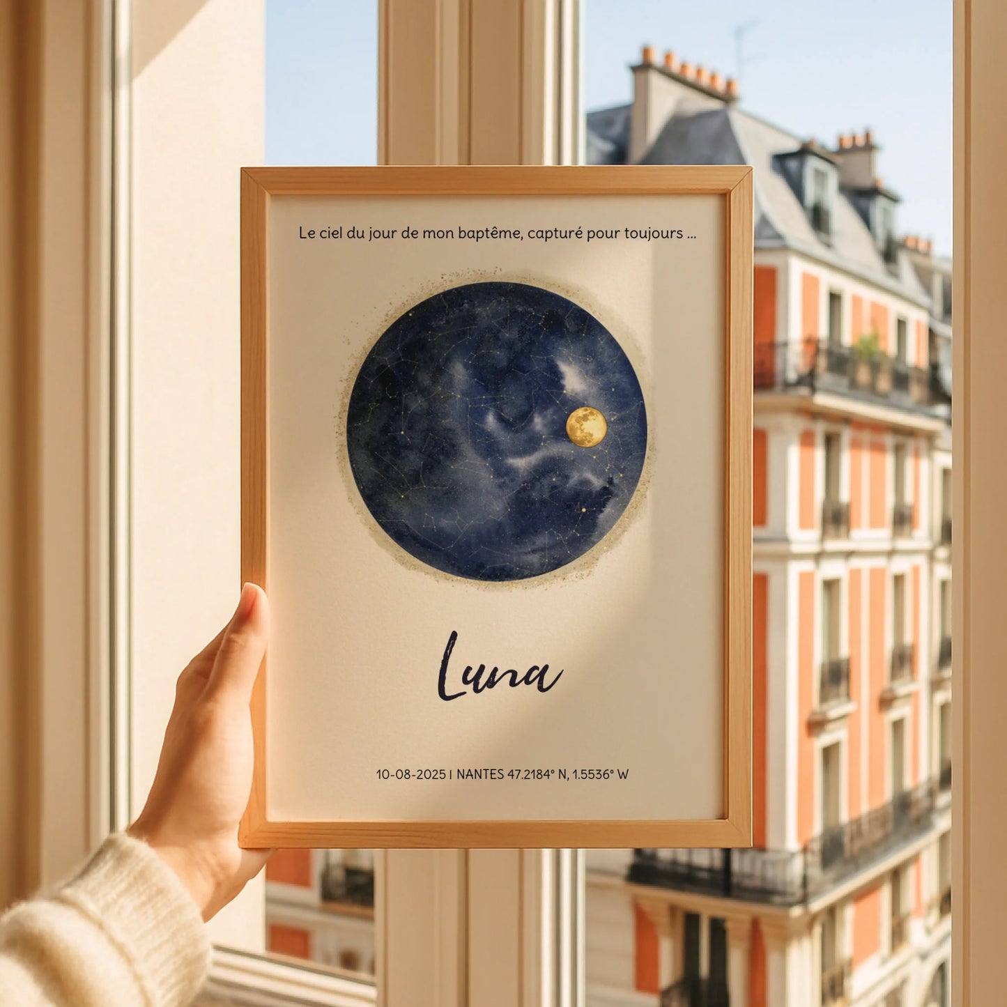 Affiche Personnalisée baptême - Carte des étoiles avec Constellations et phase de la lune