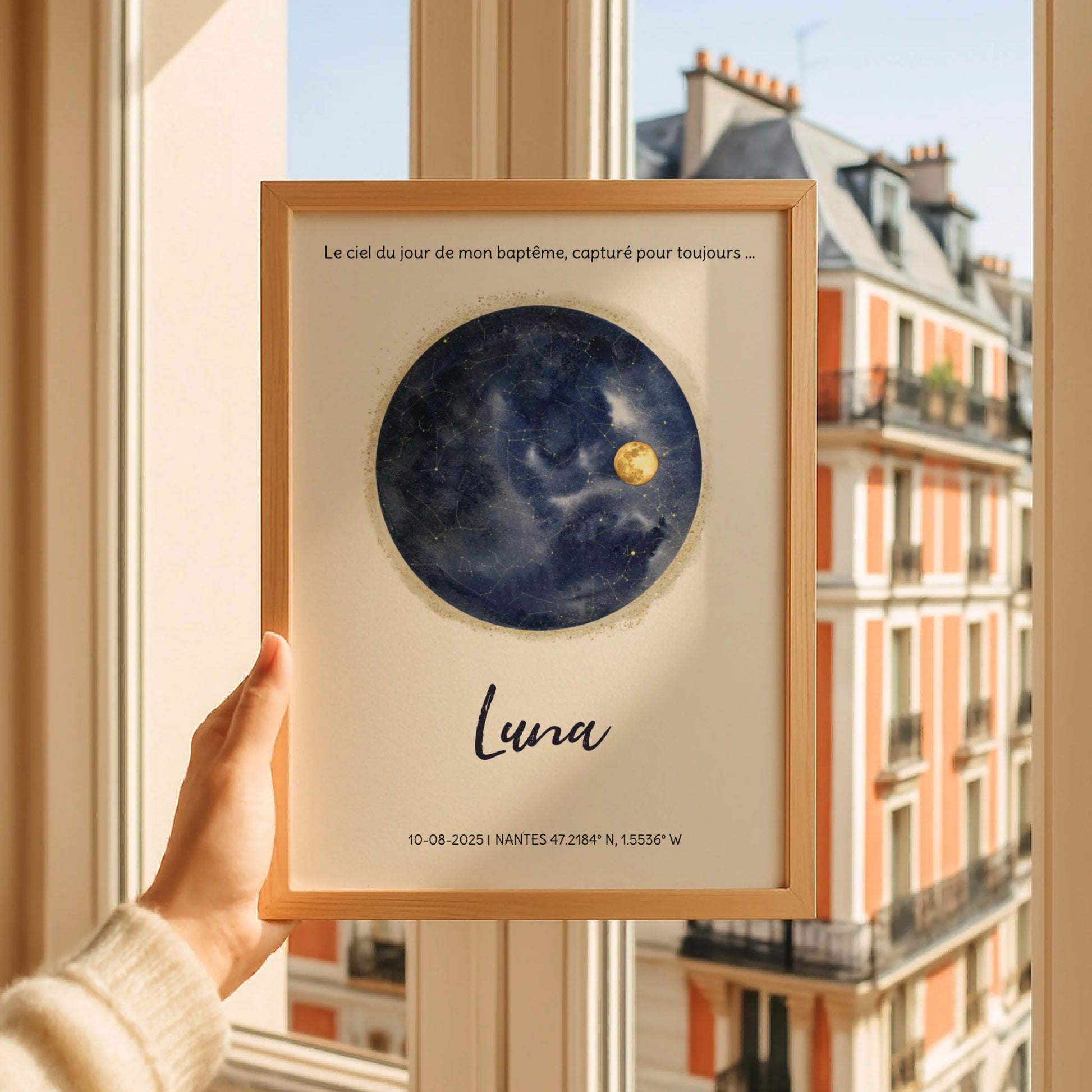 Affiche Personnalisée baptême - Carte des étoiles avec Constellations et phase de la lune