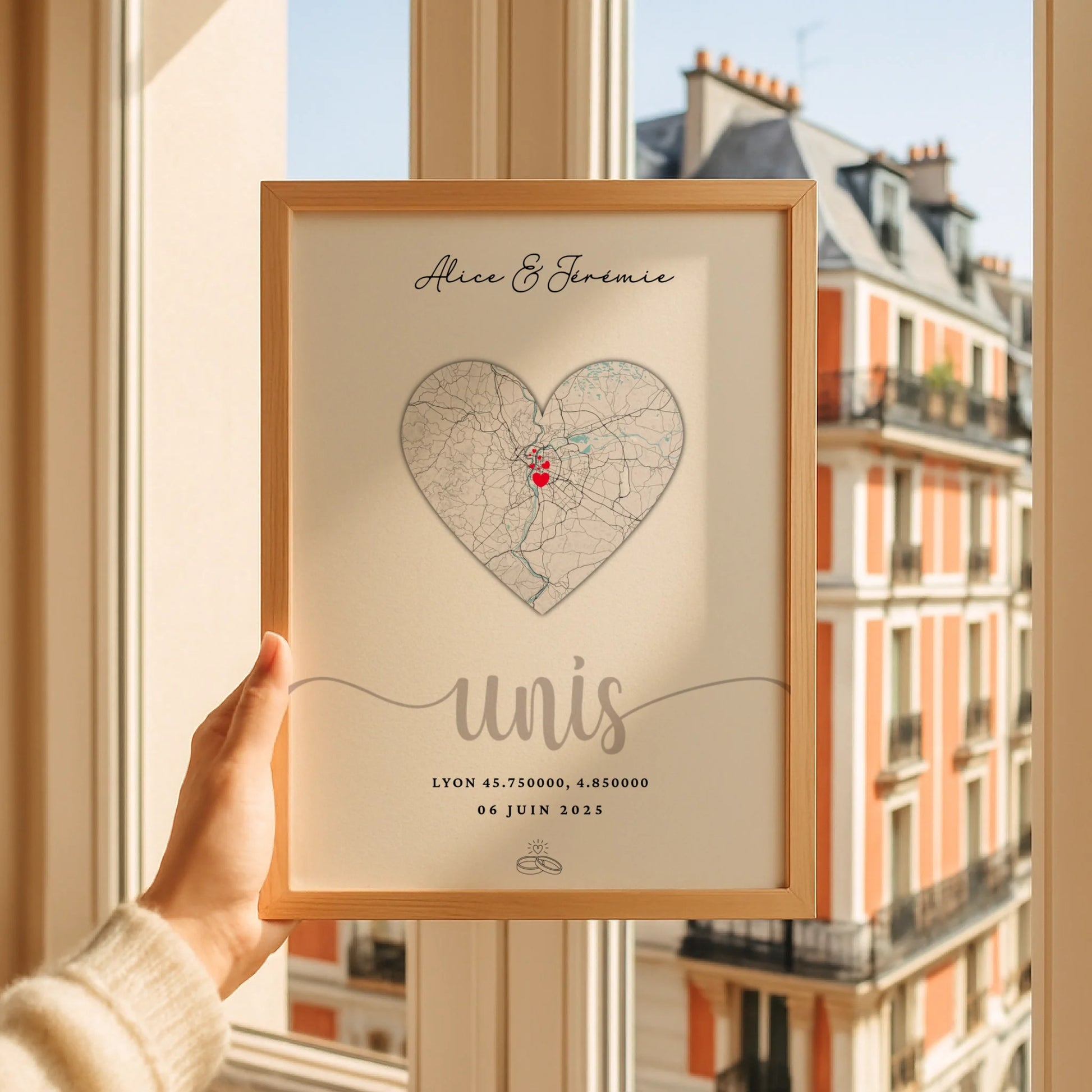 Affiche mariage personnalisée plan cœur – Prénoms du couple, lieu de mariage, coordonnées GPS et date – Cadeau souvenir mariage