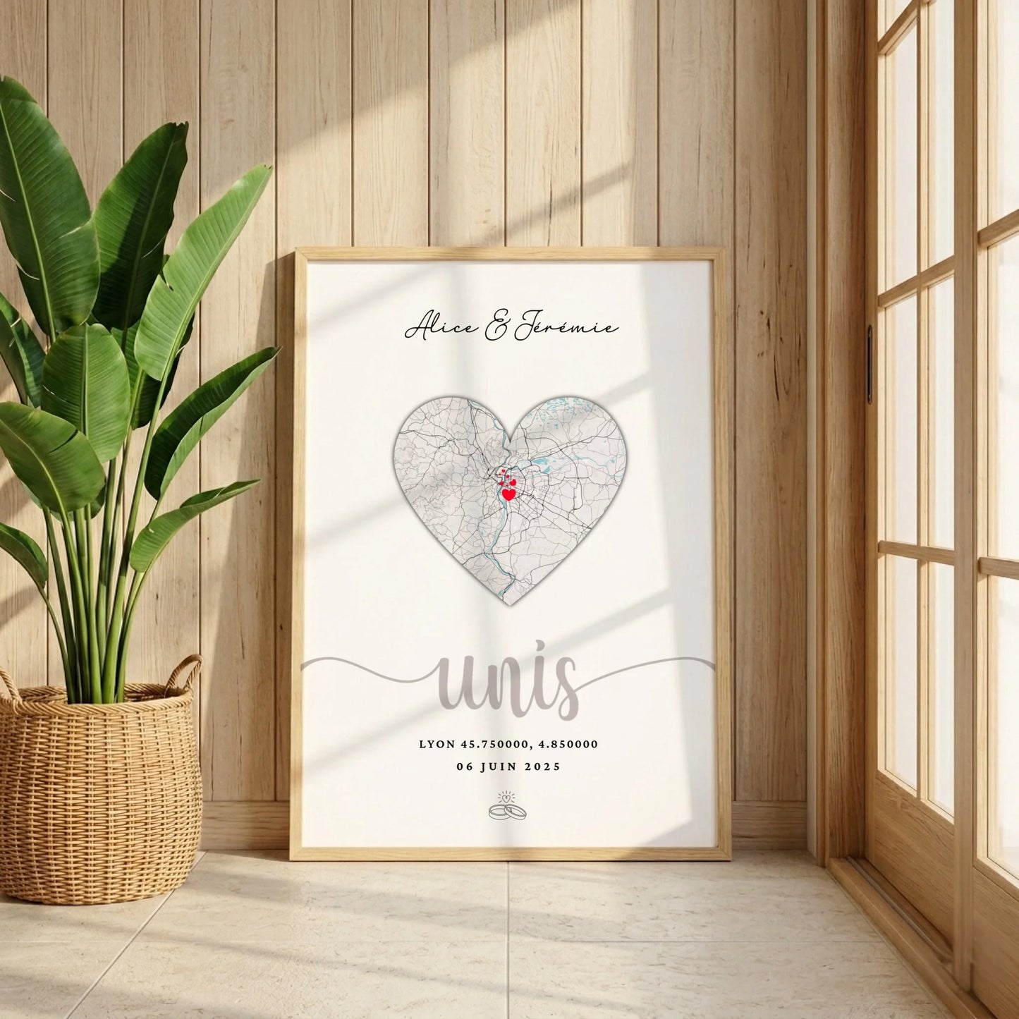 Affiche mariage personnalisée plan cœur – Prénoms du couple, lieu de mariage, coordonnées GPS et date – Cadeau souvenir mariage
