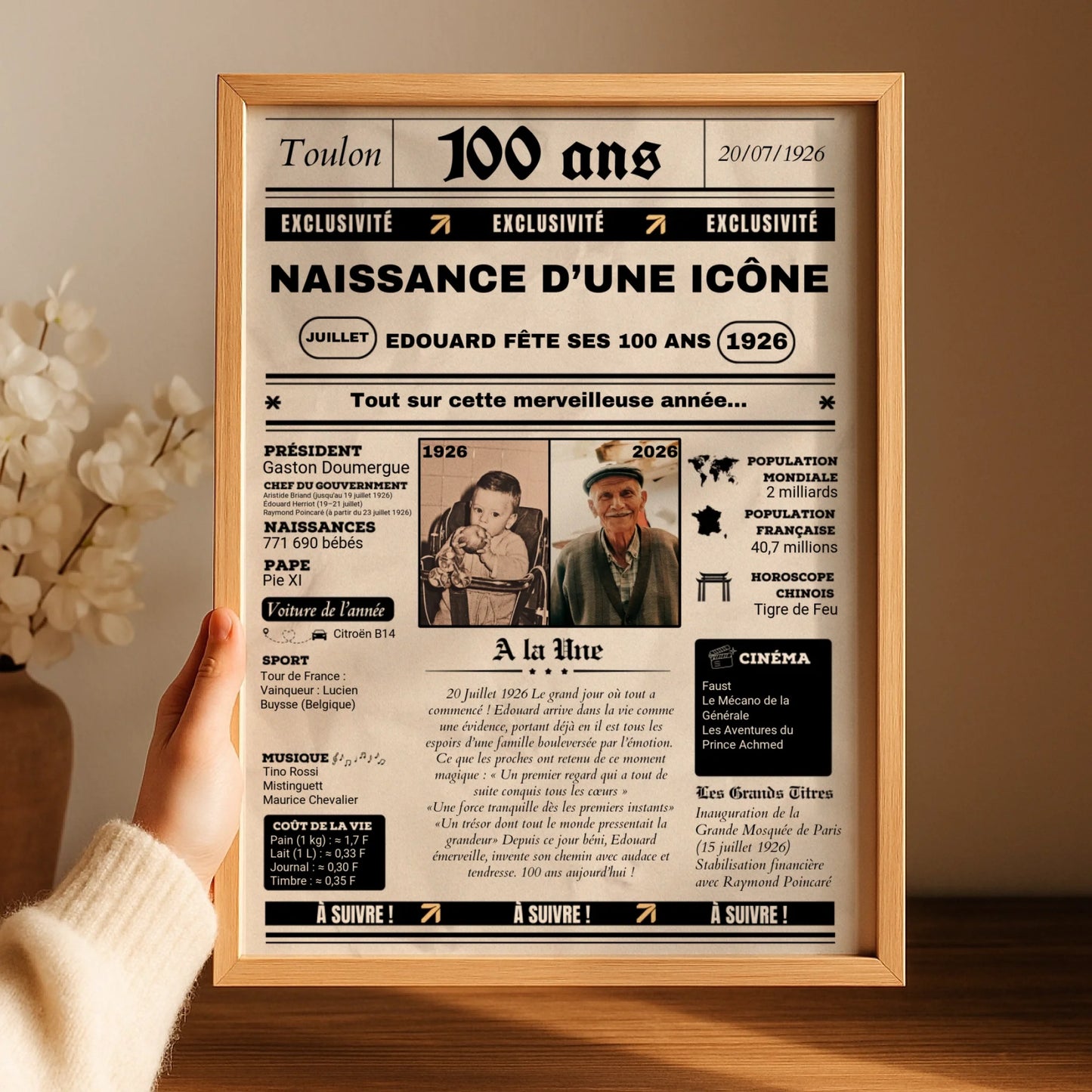 Affiche Personnalisée Anniversaire 100 Ans Journal. Cadeau anniversaire 100 ans