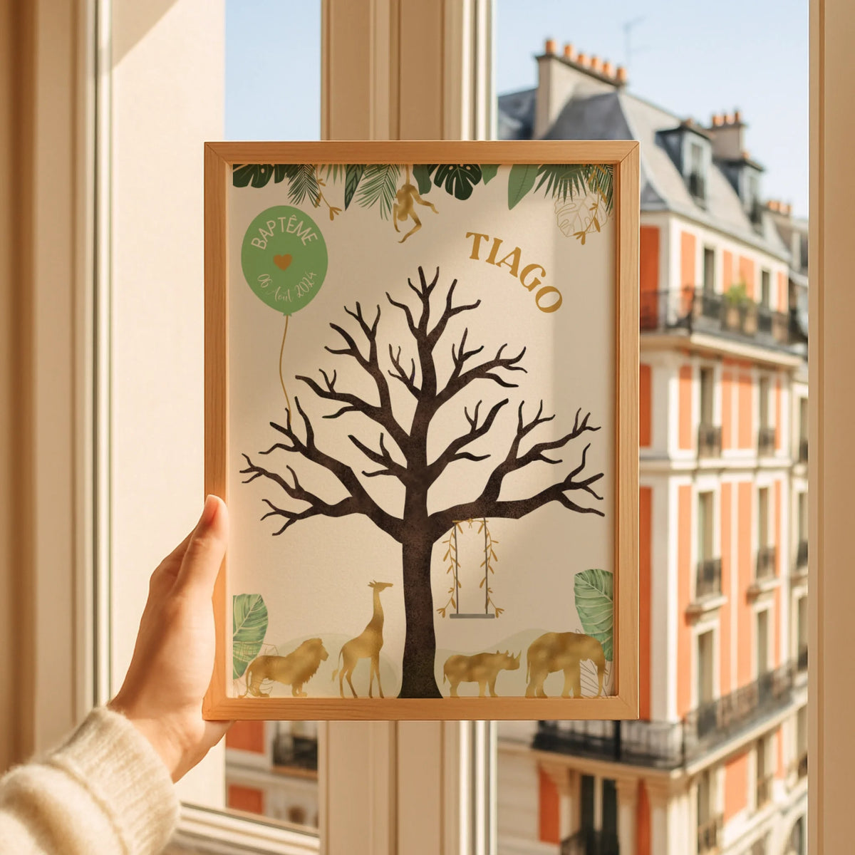 Affiche personnalisée - Baptême ou Anniversaire arbre à empreintes jungle