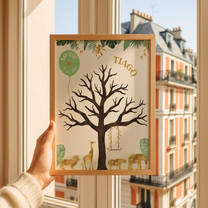 Affiche personnalisée - Baptême ou Anniversaire arbre à empreintes jungle