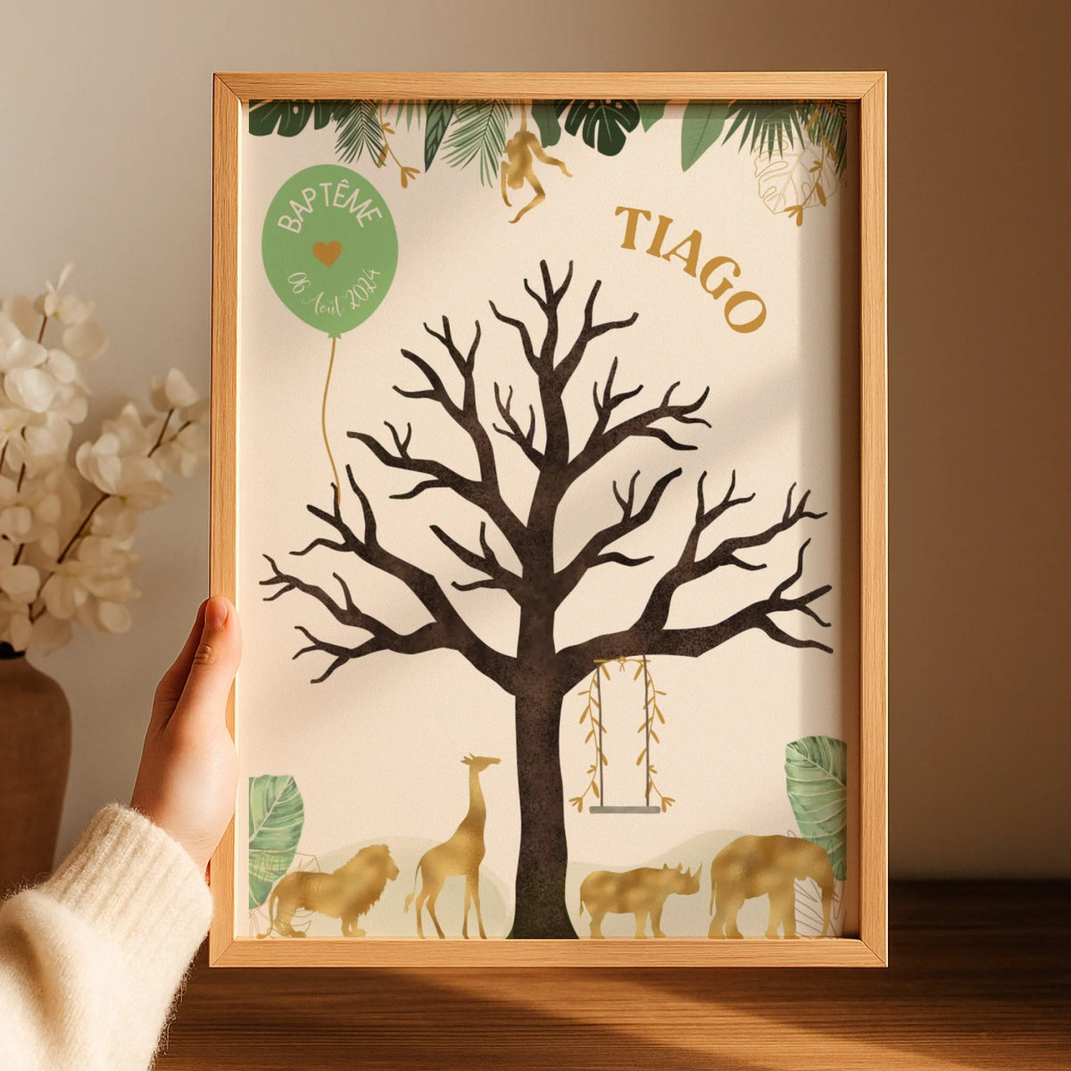 Affiche personnalisée - Baptême ou Anniversaire arbre à empreintes jungle