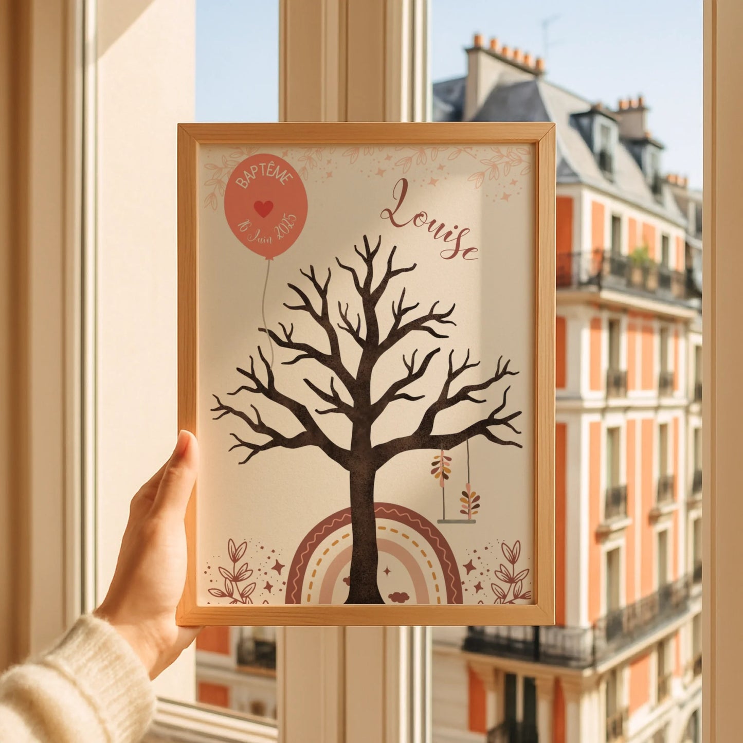 Affiche personnalisée - Baptême ou Anniversaire arbre à empreintes arc-en-ciel