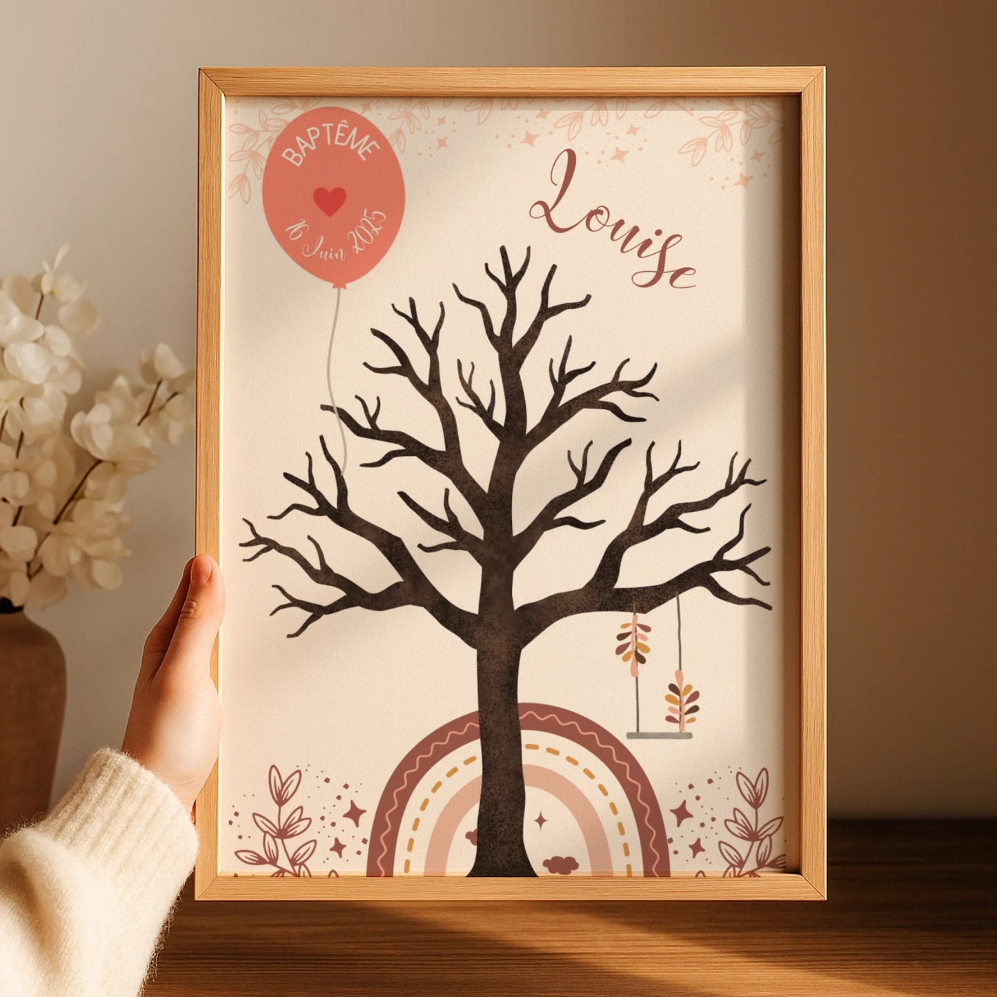 Affiche personnalisée - Baptême ou Anniversaire arbre à empreintes arc-en-ciel