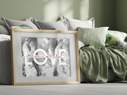 Affiche personnalisée Couple MOT Photos Noir et Blanc Mot et Prénoms - cadeau personnalisé couple