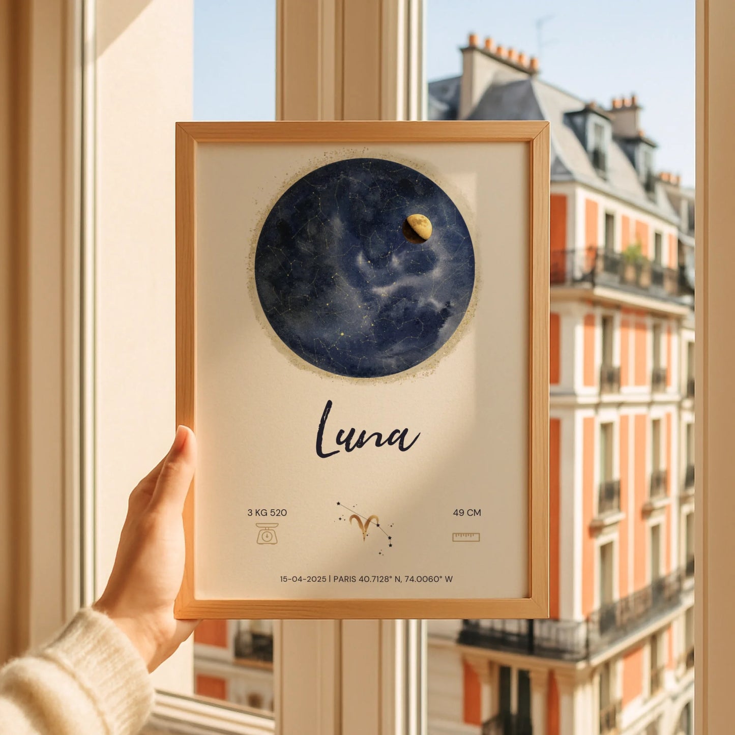 Affiche Personnalisée Naissance - Carte des étoiles avec Constellations, phase de la lune et signe astrologique