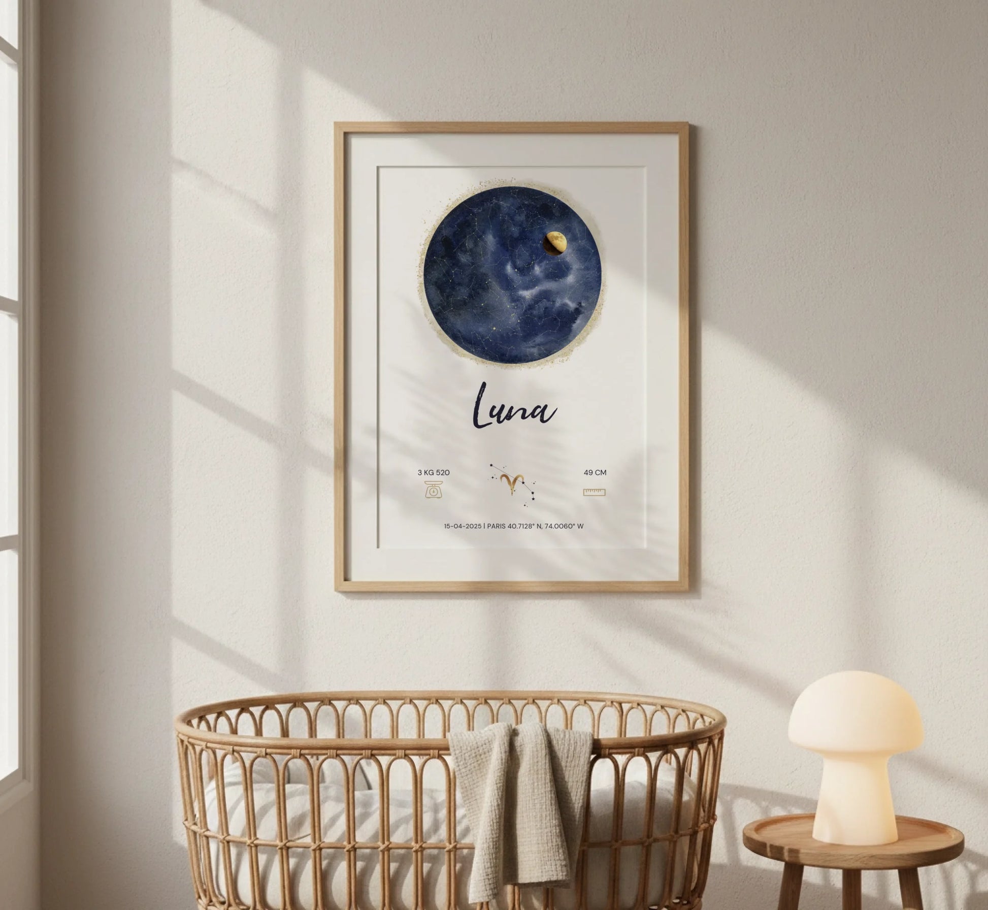 Affiche Personnalisée Naissance - Carte des étoiles avec Constellations, phase de la lune et signe astrologique