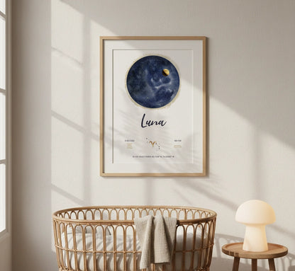 Affiche Personnalisée Naissance - Carte des étoiles avec Constellations, phase de la lune et signe astrologique