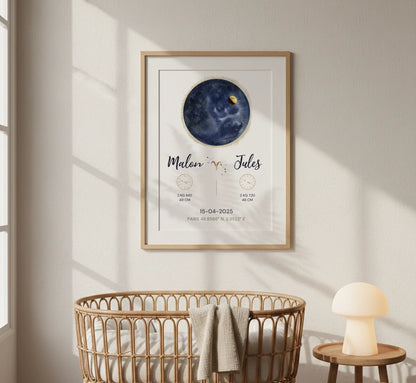 Affiche Personnalisée Naissance Jumeaux - Carte des étoiles avec Constellations, phase de la lune et signe astrologique
