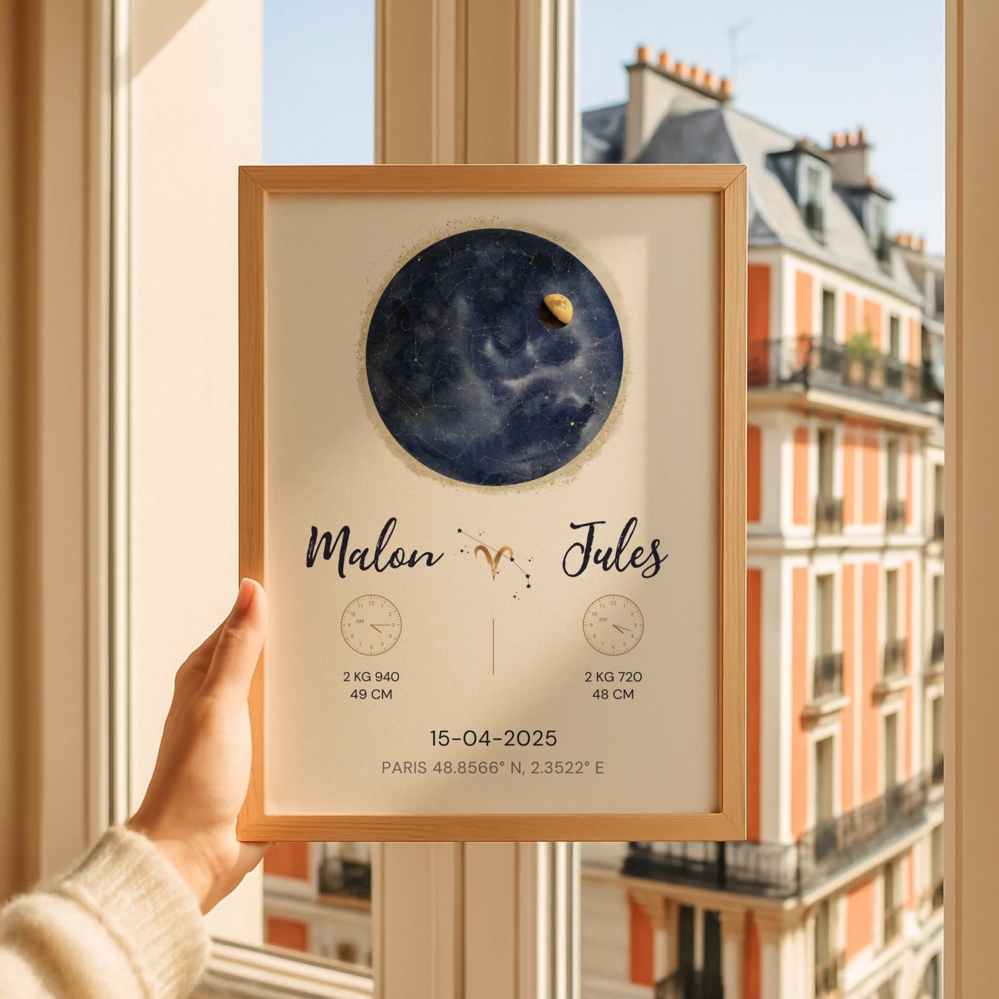 Affiche Personnalisée Naissance Jumeaux - Carte des étoiles avec Constellations, phase de la lune et signe astrologique