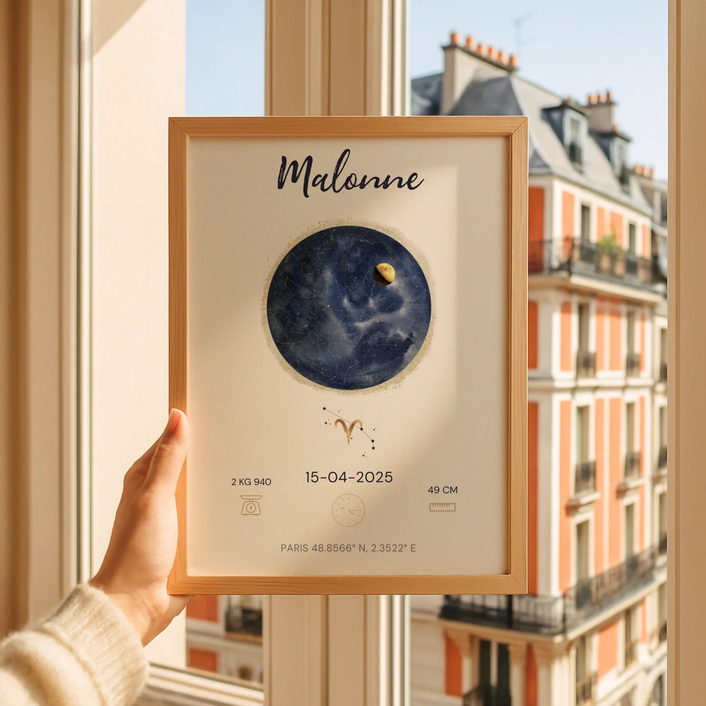 Affiche Naissance Personnalisée — Prénom, Heure, Poids et Taille avec Carte du Ciel