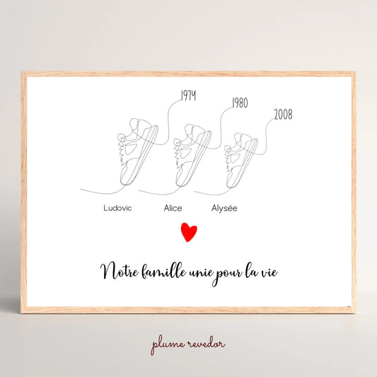 Affiche famille baskets en line art — une paire et un prénom par membre