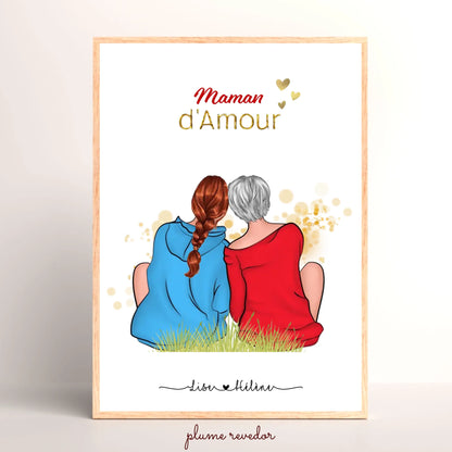 Affiche personnalisée - Maman - Mère Fille - Portrait famille de dos - Cadeau maman - Cadeau Fête des mères