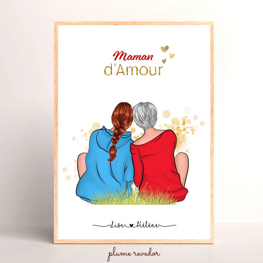 Affiche personnalisée - Maman - Mère Fille - Portrait famille de dos - Cadeau maman - Cadeau Fête des mères