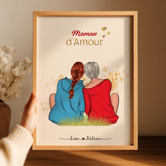 Affiche personnalisée - Maman - Mère Fille - Portrait famille de dos - Cadeau maman - Cadeau Fête des mères