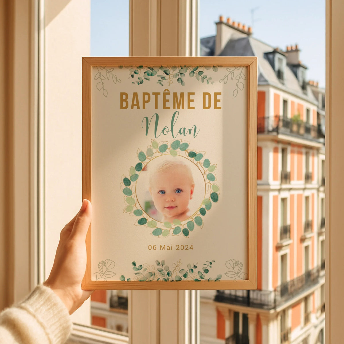 Affiche personnalisée Baptême ou Anniversaire arbre à empreintes "eucalyptus" avec photo