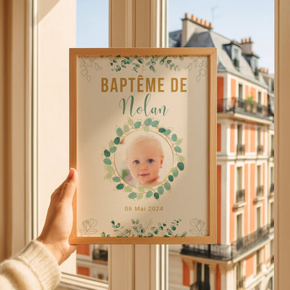 Affiche personnalisée Baptême ou Anniversaire arbre à empreintes "eucalyptus" avec photo