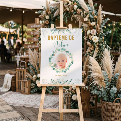 Affiche personnalisée Baptême ou Anniversaire arbre à empreintes "eucalyptus" avec photo