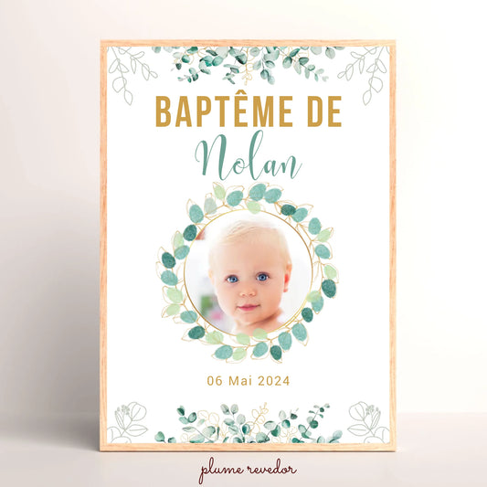 Affiche personnalisée Baptême ou Anniversaire arbre à empreintes "eucalyptus" avec photo