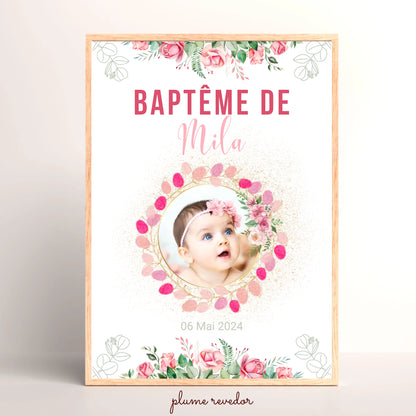 Affiche personnalisée Baptême ou Anniversaire arbre à empreintes baptême "Bohème Roses"
