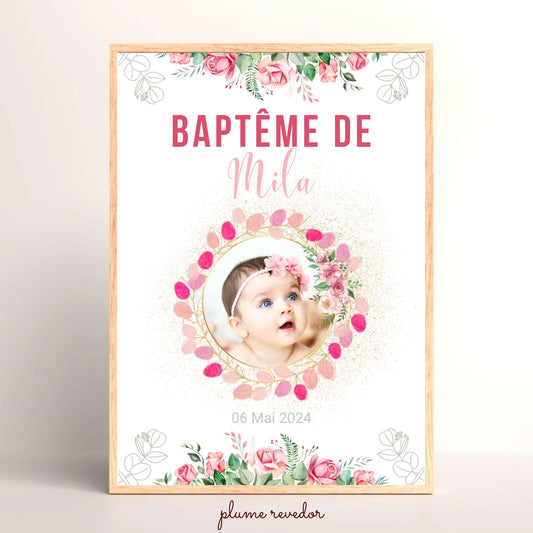 Affiche personnalisée Baptême ou Anniversaire arbre à empreintes baptême "Bohème Roses"
